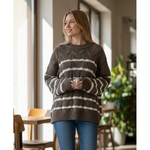 Lauren Conrad Women's Cable Chunky Knit Crewneck Sweater Gray Brown Stripe Lg